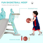 Toddler deer slide with basketball hoop; child holding basketball, teal and gray design