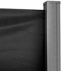 Corner view of retractable privacy screen with black fabric and gray mounting post