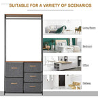 Coat rack chest of drawers with black steel frame, brown top, and 5 grey fabric drawers