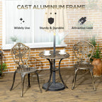 Bronze cast aluminum bistro set with two armless chairs and round coffee table