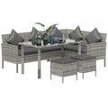 tsunny 6-Seater Rattan Dining Set Sofa Table Footstool Outdoor w/ Cushion Garden Furniture, Dark Grey - Bobobiy