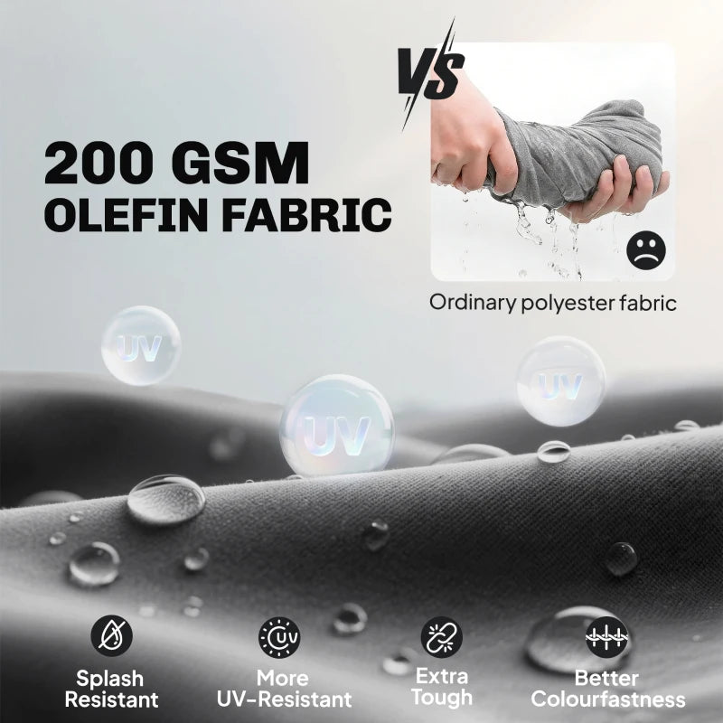 Dark grey olefin-style cushion fabric with visible water droplets on textured surface