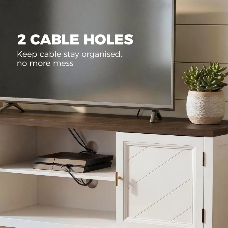 White TV console showing cable holes for organized power and media cords.