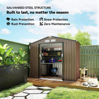 Brown metal garden shed with open double doors and visible interior shelves and tools
