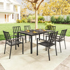 Black metal garden dining set with rectangular table and slatted chairs