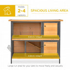 Rabbit hutch interior with two open levels, wire mesh sides, and yellow no-leak trays