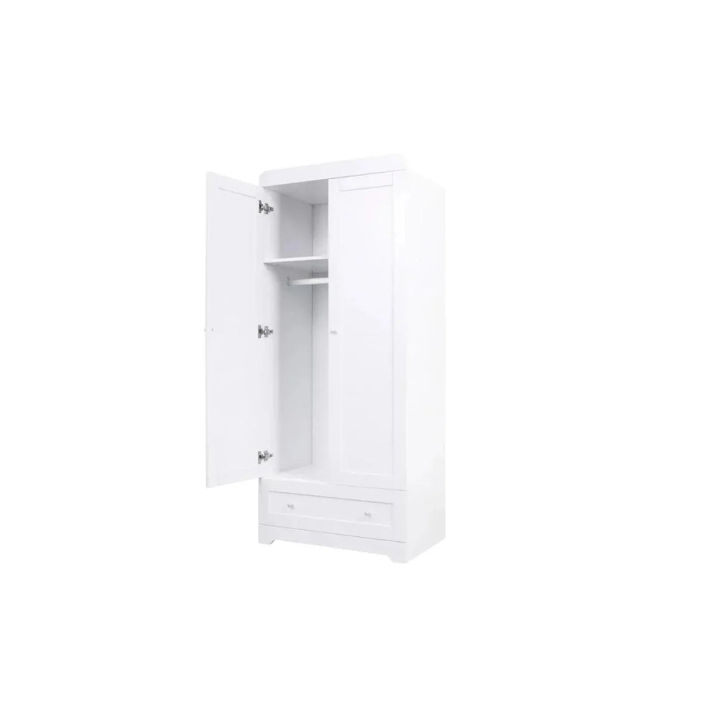 White wardrobe cabinet open: side shelves and hanging rail behind two doors