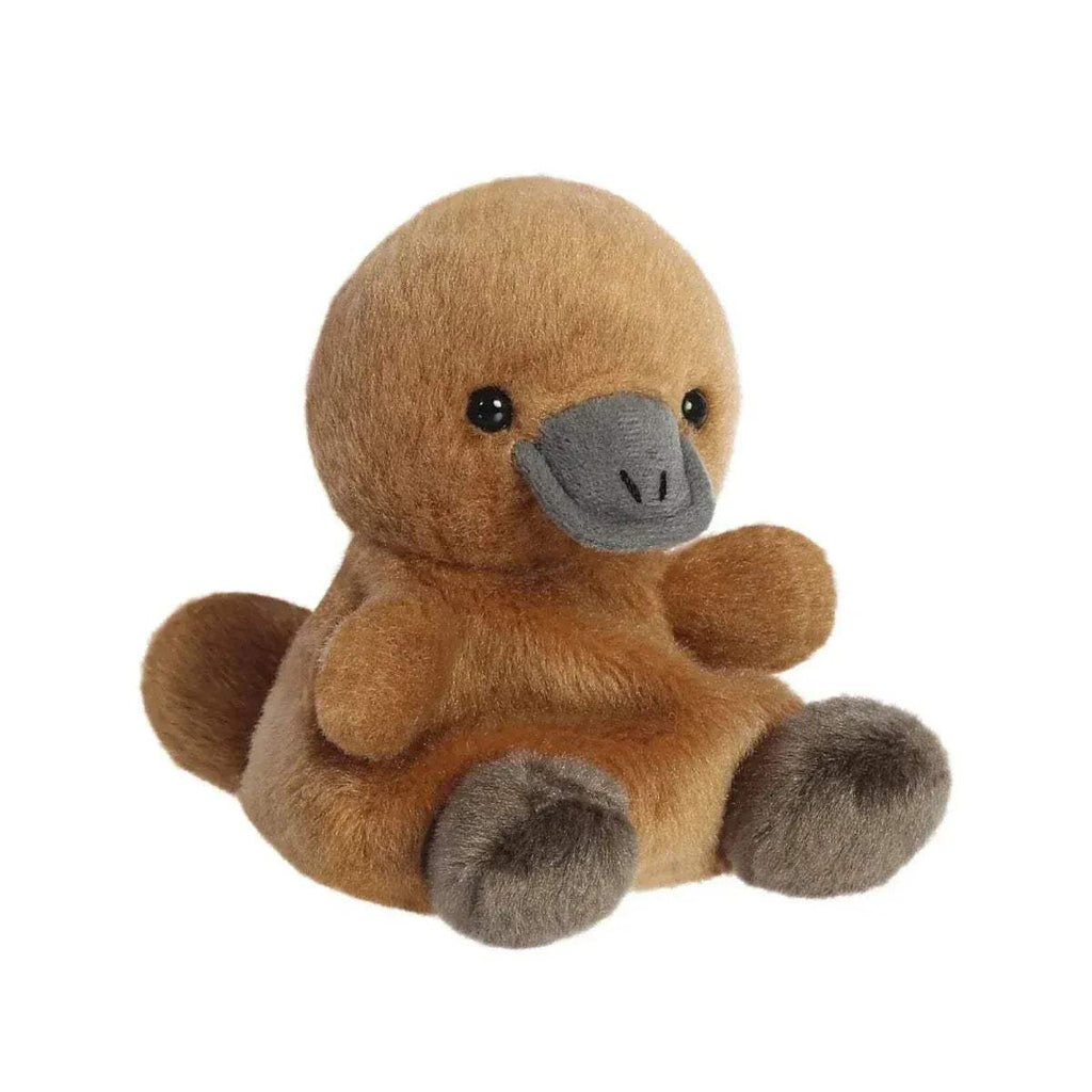Brown plush platypus soft toy with grey muzzle and round feet, 12 cm
