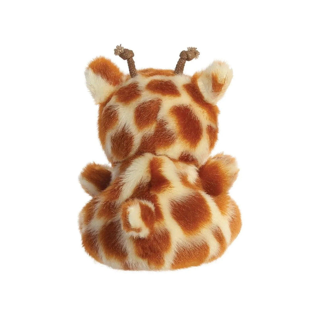 Giraffe plush toy upright, brown-and-cream spotted pattern, rounded ears and small horns