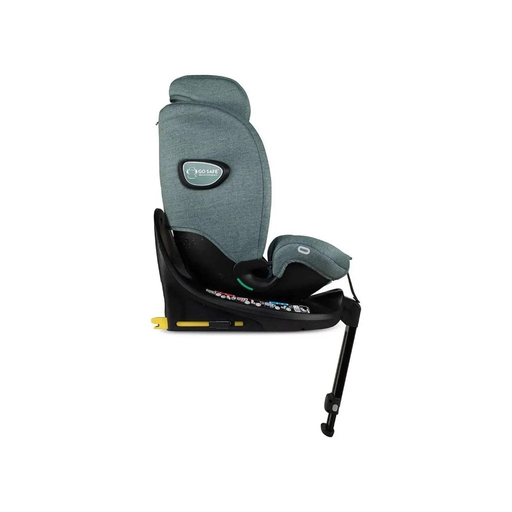 Meadow green car seat with headrest, side padding, and rotating base
