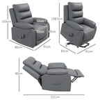 Grey PU leather power lift recliner chair shown with product size and layout angles