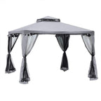 Grey metal gazebo with double roof, mesh side curtains and open entrance