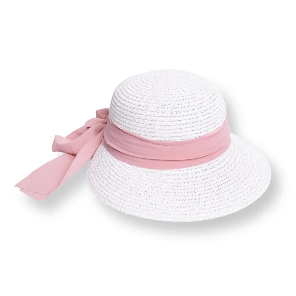 White straw baby sun hat with pink ribbon band and bow trim