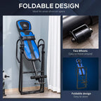 Foldable gravity inversion table with blue padded backrest and two transport wheels