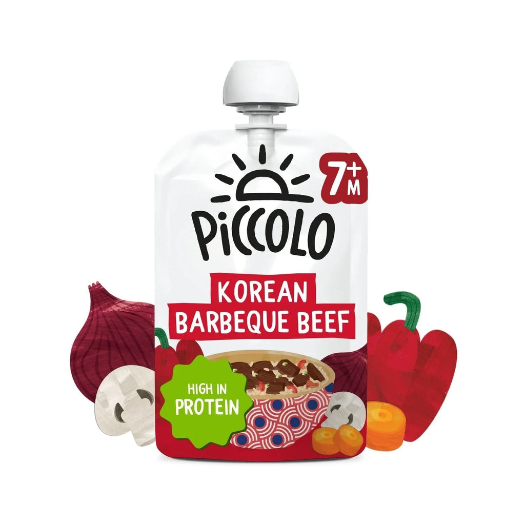 Baby food pouch for Korean barbeque beef with Piccolo branding and veggie icons