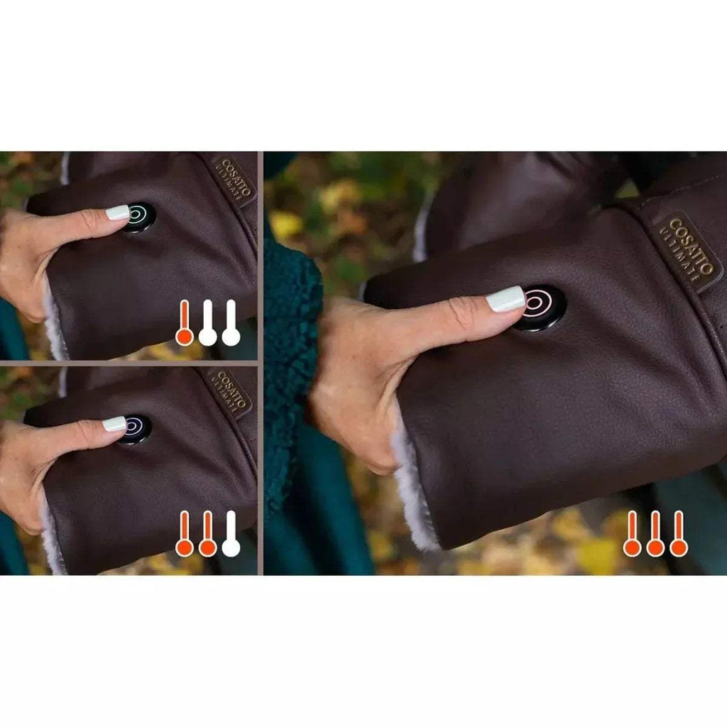 Brown heated snuggle mitts worn by hands, plush lining visible at wrists
