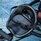 Kids trike seat with 5-point safety harness and dark blue padded seat cover