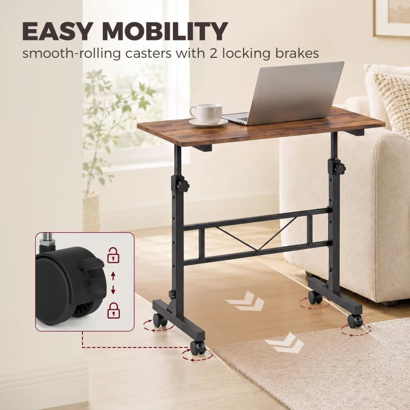 Overbed table with smooth-rolling casters and locking brakes, rustic brown top