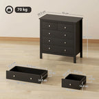 Black chest of drawers with five recessed drawers and round metal knobs