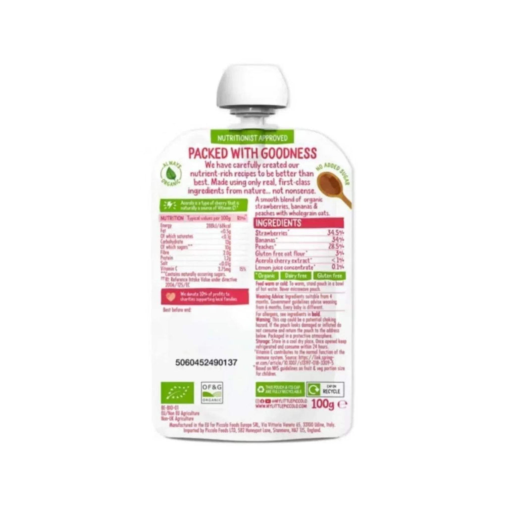 Back of organic baby food pouch with ingredients and nutrition panel