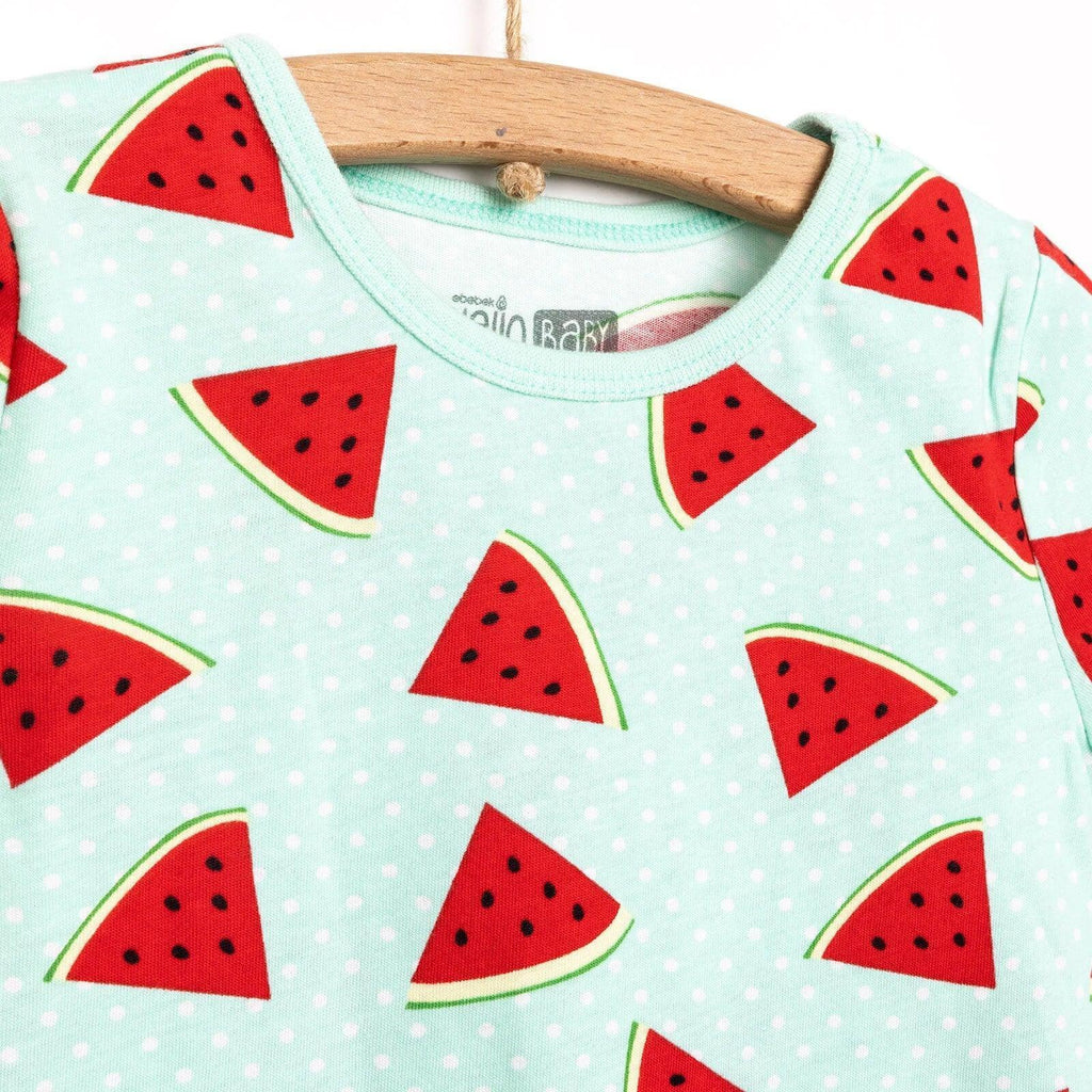 Mint short-sleeve pajama top with all-over red watermelon slice print