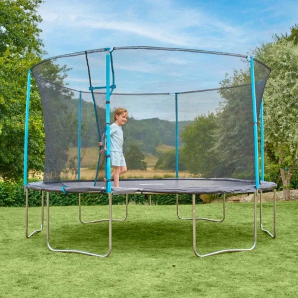Trampoline with gray jumping surface, blue frame legs, and netted enclosure