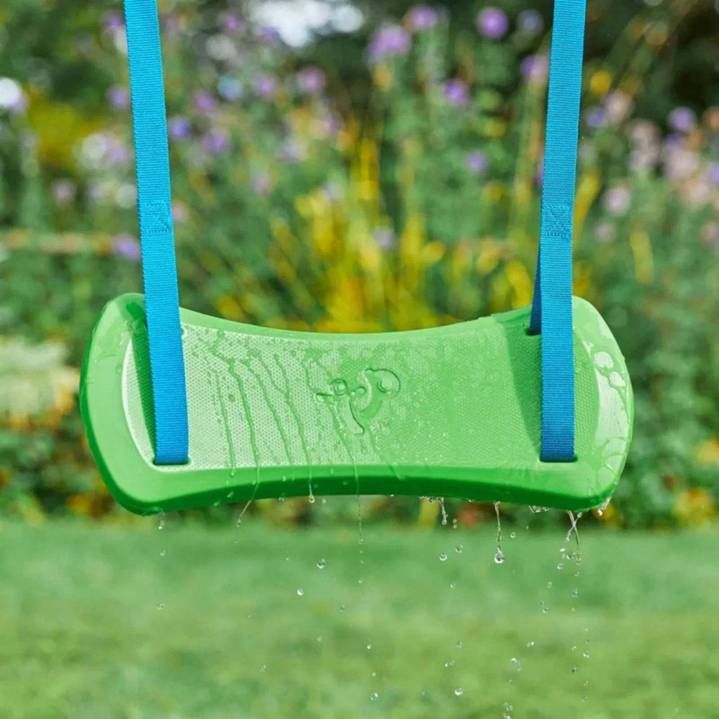 Green plastic swing seat with blue fabric straps and textured panel detail.