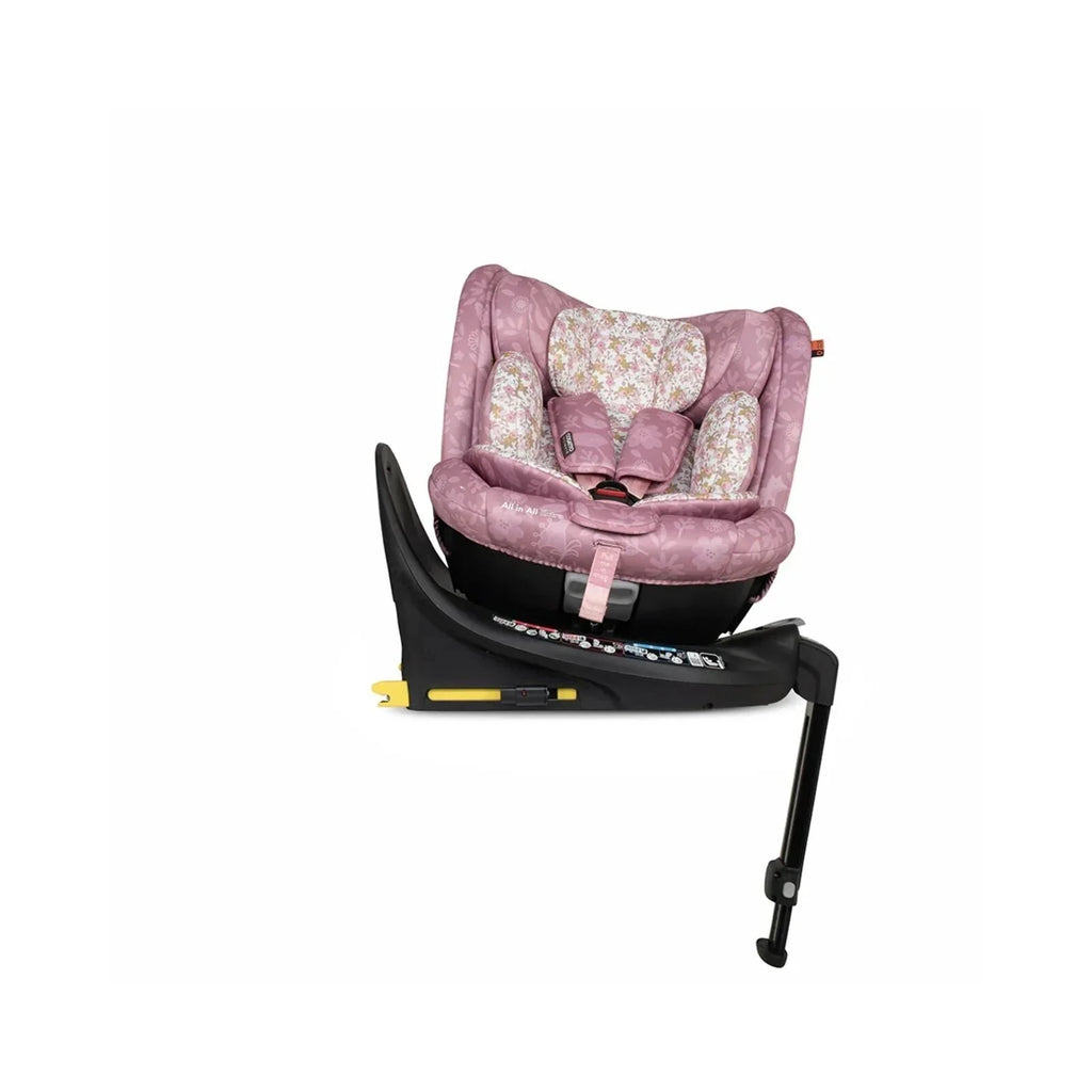 Cosatto i-Size car seat front view in pink floral upholstery on black base