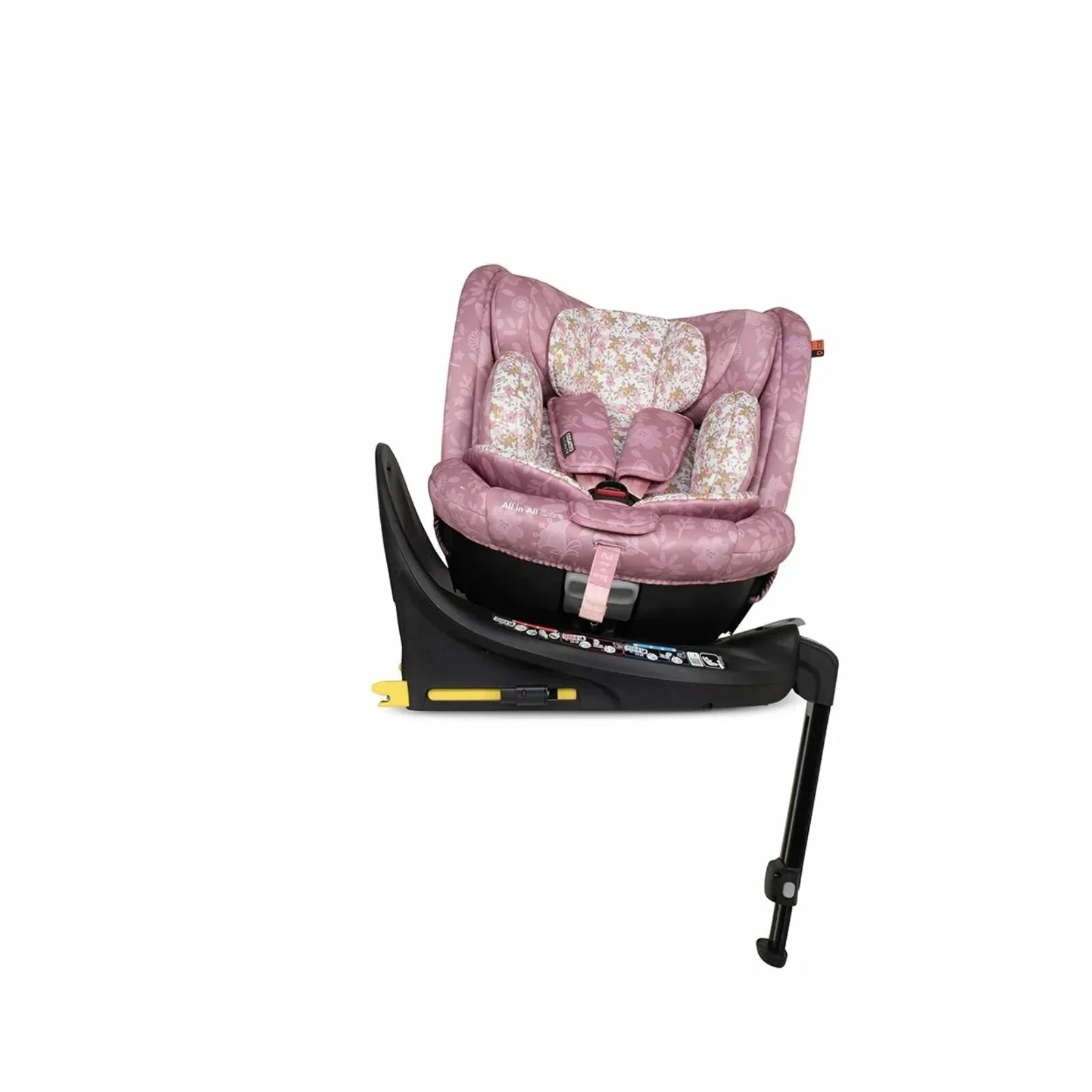 Cosatto i-Size car seat front view in pink floral upholstery on black base