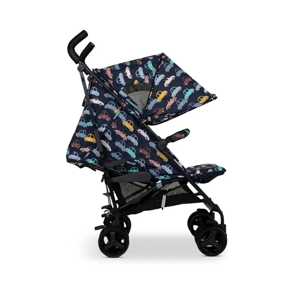 Reclining stroller with car-pattern seat, dark canopy and black wheels, side view