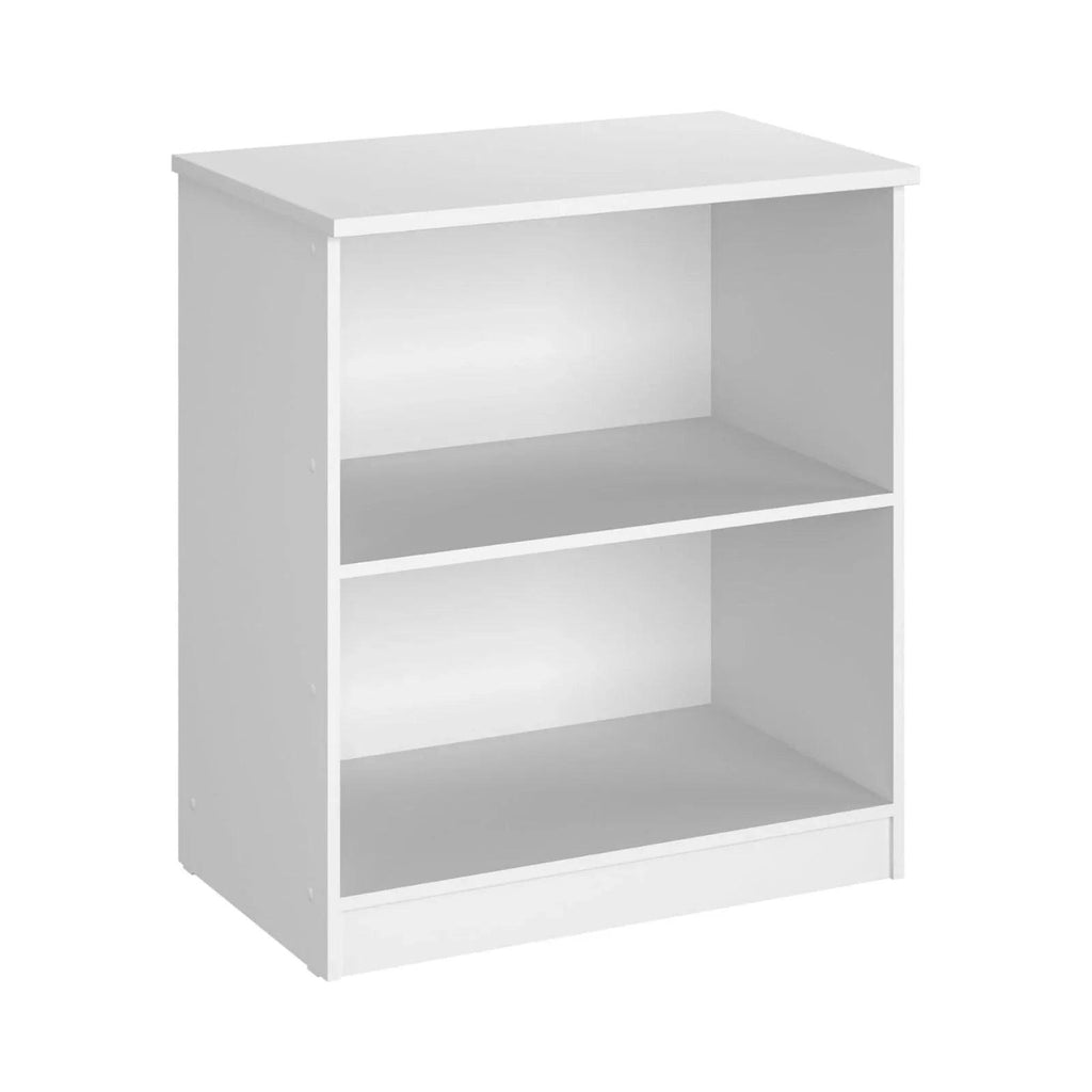 White changing table with two-level open storage and flat changing surface