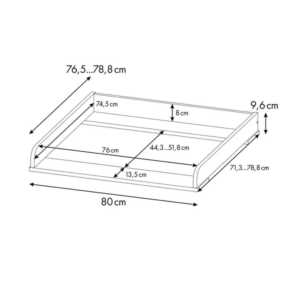 Oak changing top tray dimensions diagram with labeled measurements in cm
