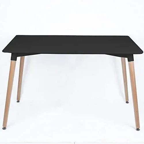 Black rectangular dining table with tapered light-wood legs
