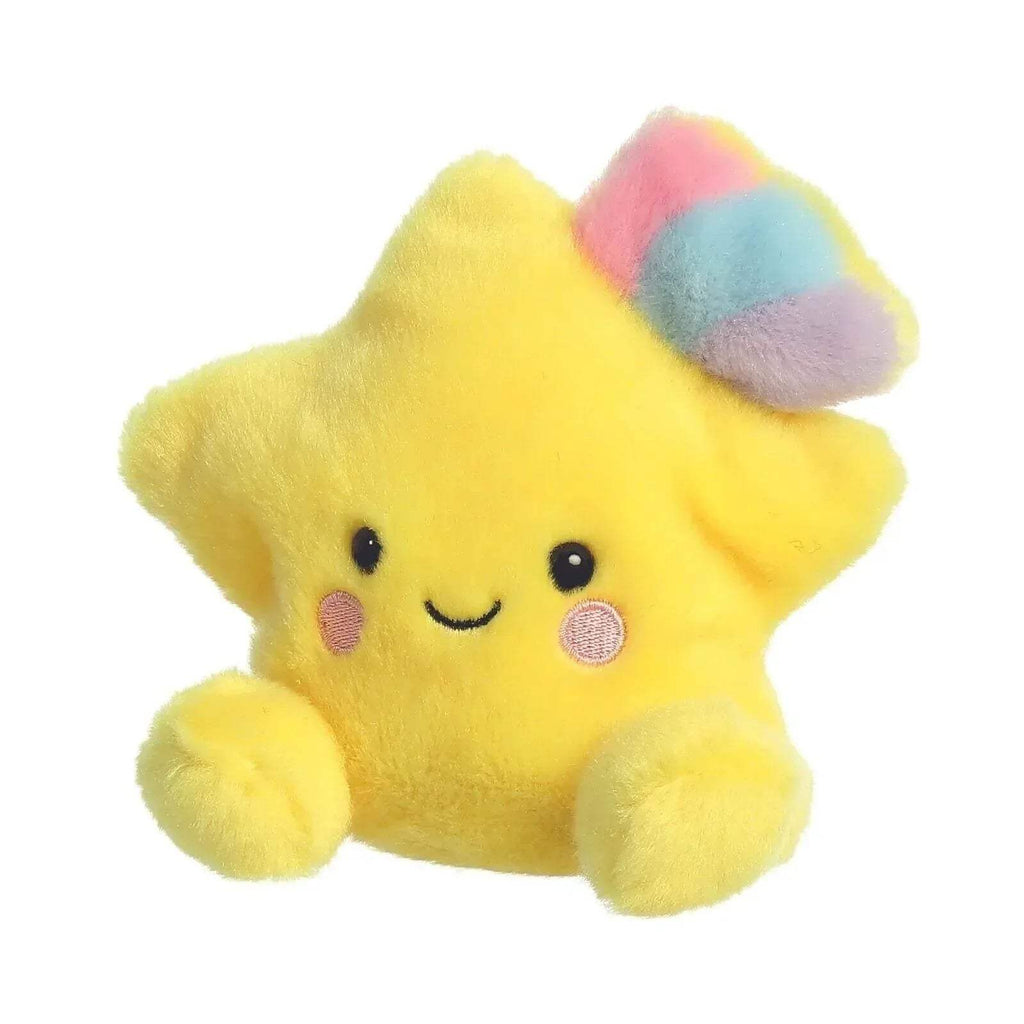 Yellow plush shooting star soft toy with cute face and pastel cloud tail