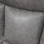 Close-up of light grey faux leather recliner upholstery with textured finish