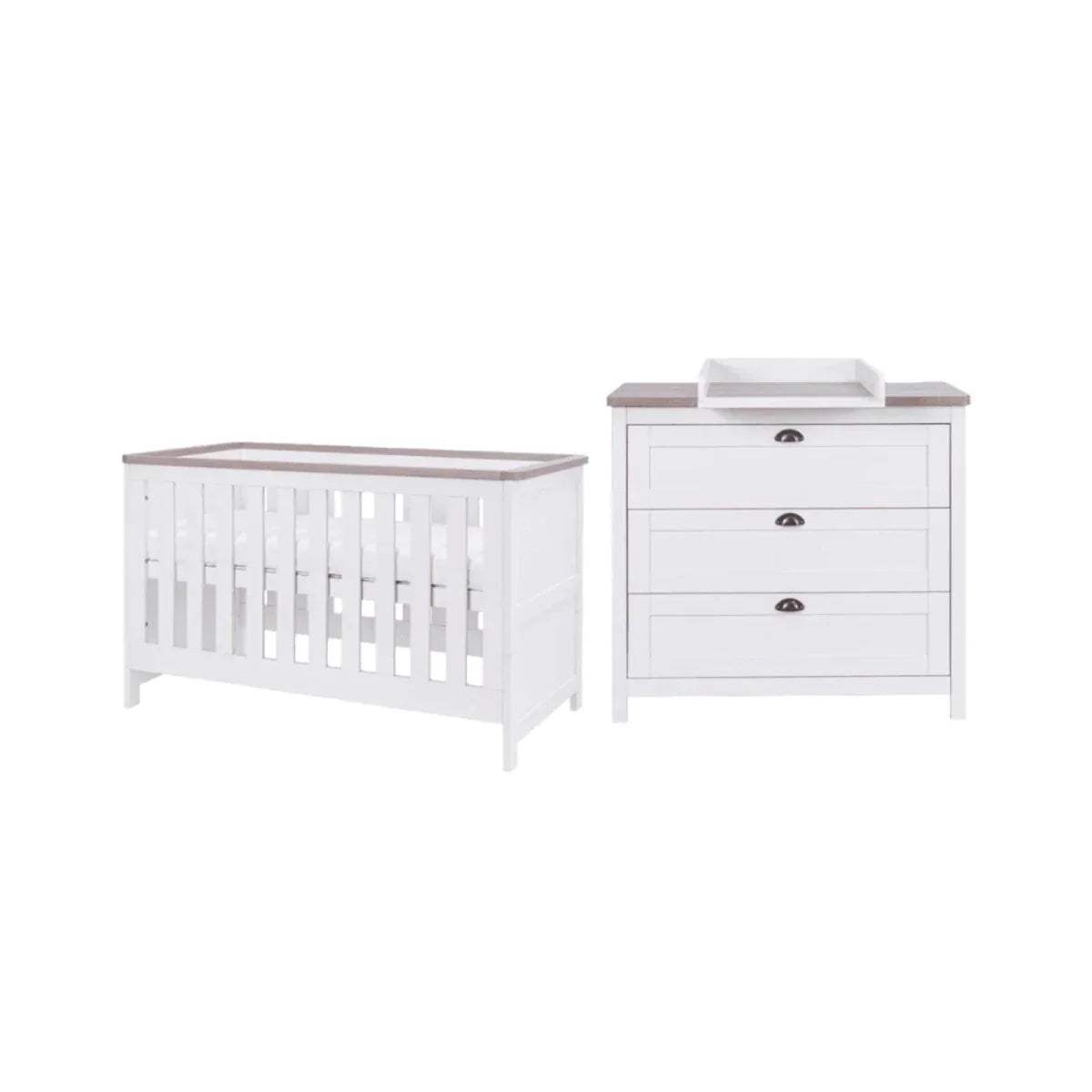 White baby cot and matching dresser with dark metal handles
