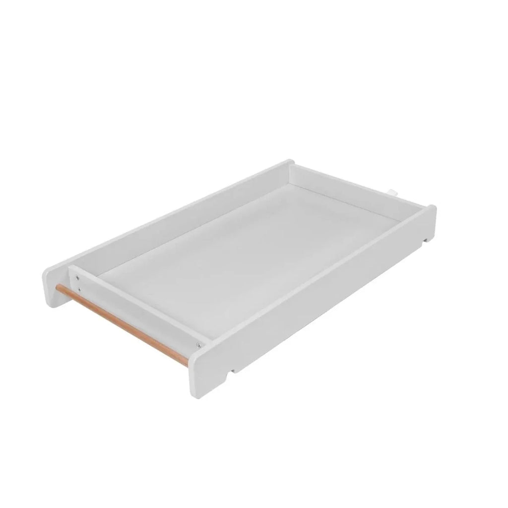 Cot bed mattress base platform with raised sides, dove grey with honey oak end support