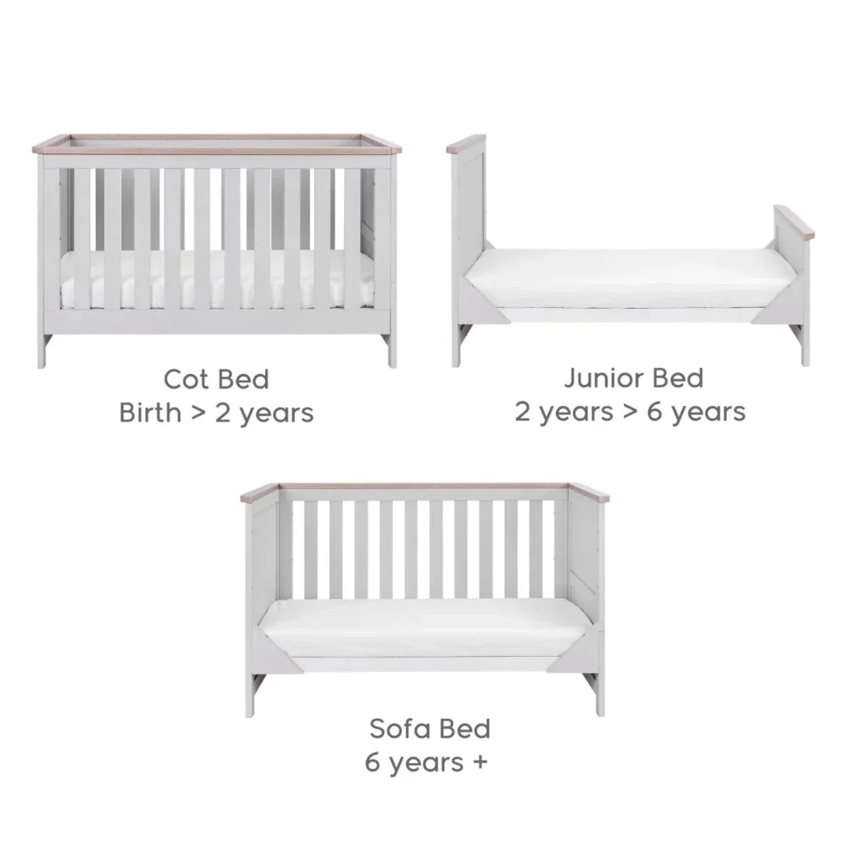 Cot bed design showing multiple configurations: cot, junior, and sofa bed with white frame
