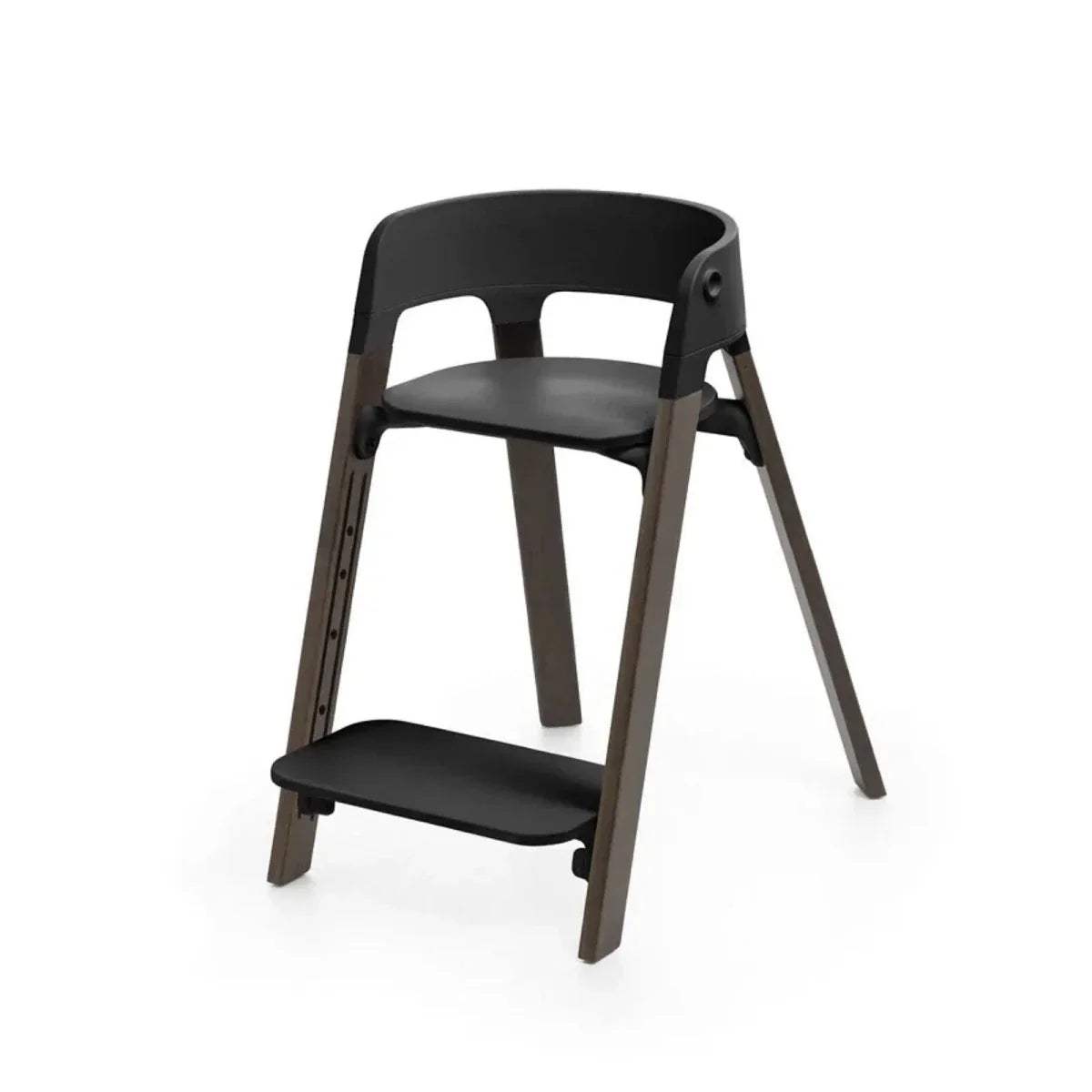 Black highchair with upper and lower seats, rounded backrest, warm brown frame