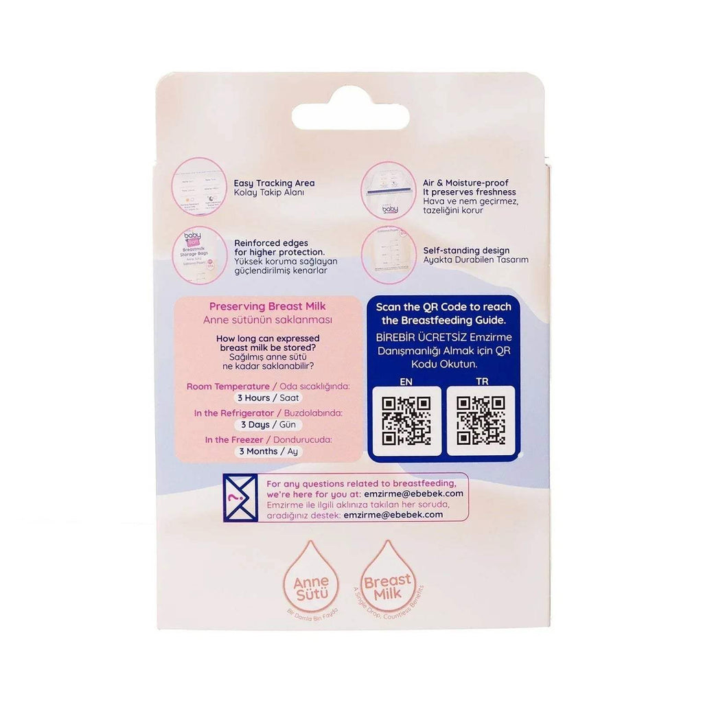 Back of baby breast milk storage bags package with usage and tracking icons