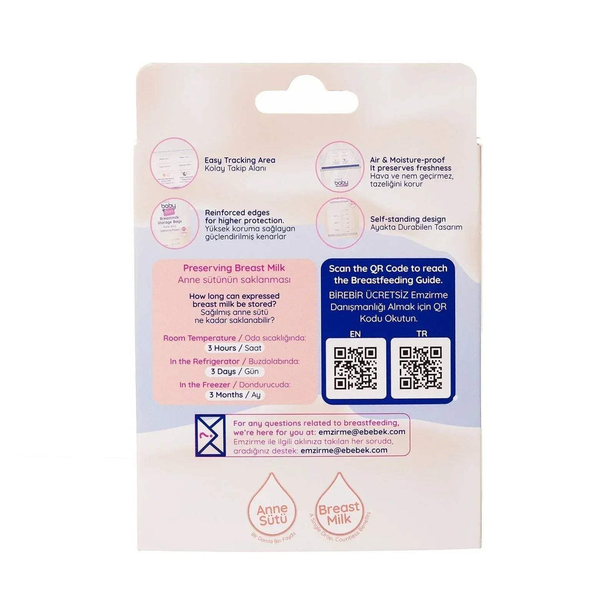 Back of baby breast milk storage bags package with usage and tracking icons