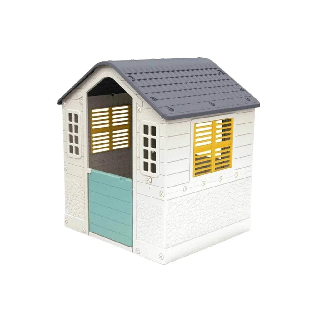 White plastic kids playhouse with blue roof, double shutters and front door