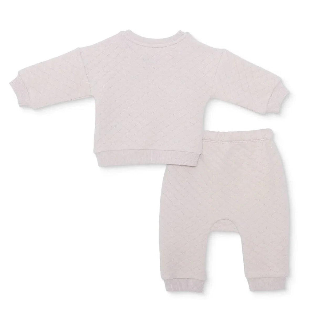 Beige quilted baby sweatshirt and leggings set, crew neck top and full-length pants