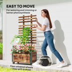 Carbonised wooden raised planter box with lattice trellis and four caster wheels