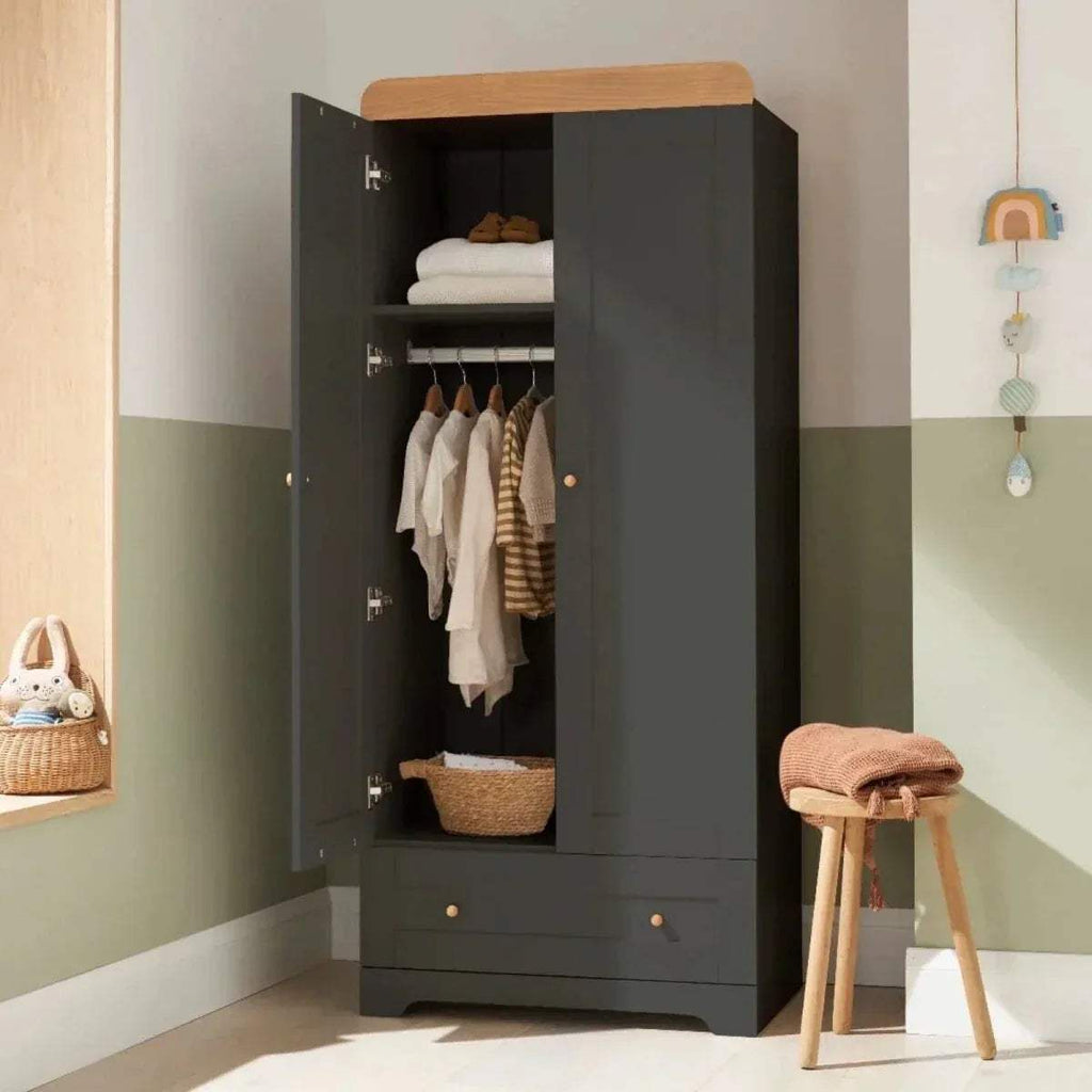 Kids wardrobe open with hanging rail and shelves; slate gray with honey oak top.