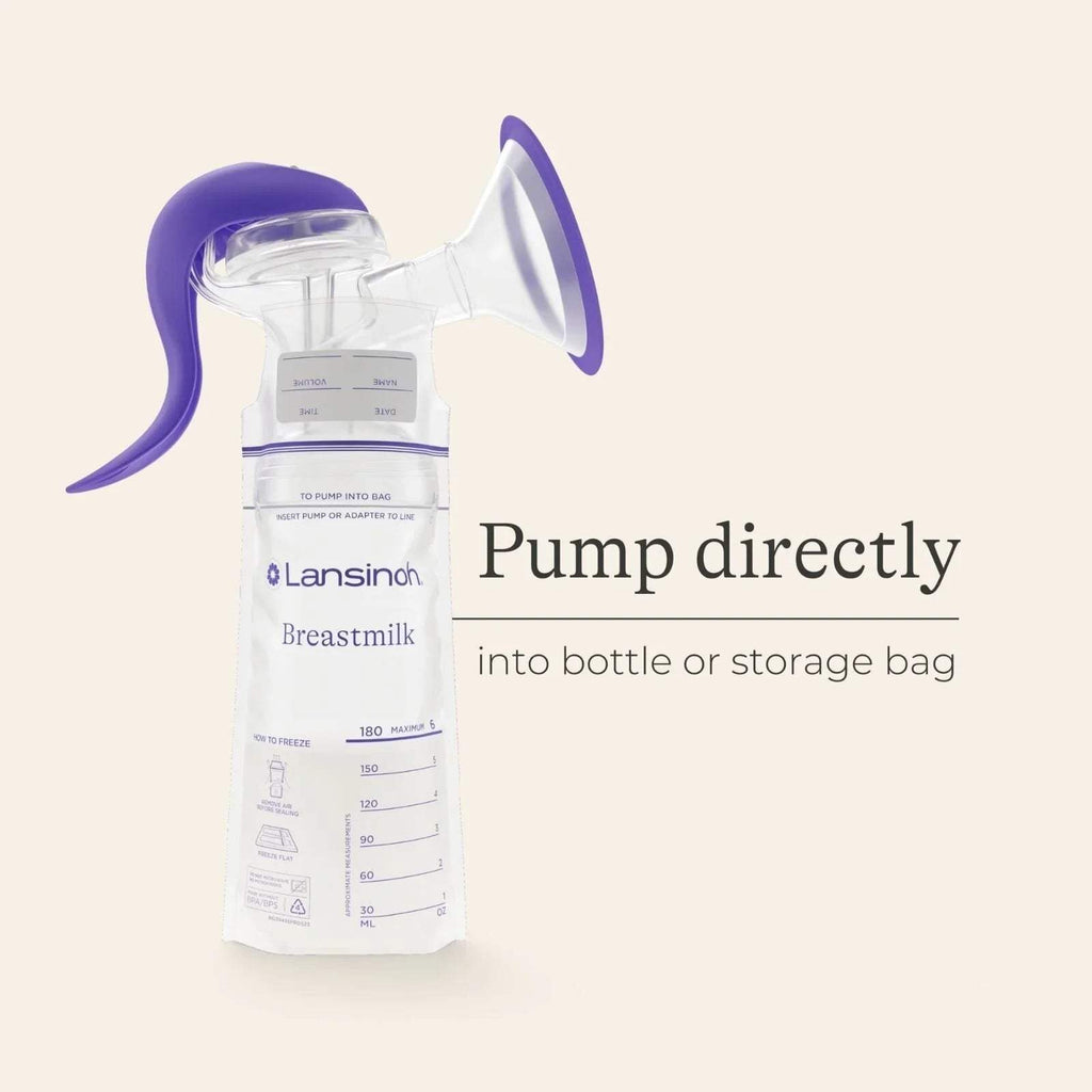 Lansinoh manual breast pump pumping into bottle or storage container, purple and clear
