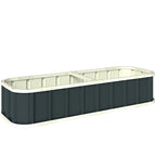 Dark grey galvanized raised garden bed with folded metal edging and rounded corners