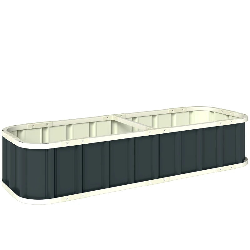 Dark grey galvanized raised garden bed with folded metal edging and rounded corners