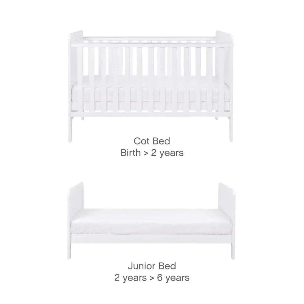 White cot bed convertible to junior bed with two and three step mattress view