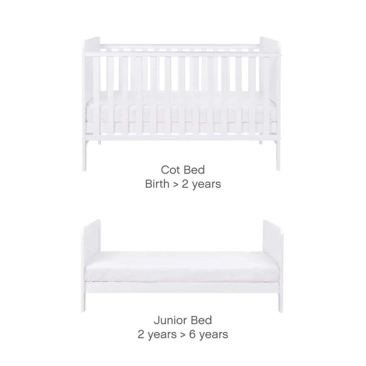 White cot bed convertible to junior bed with two and three step mattress view